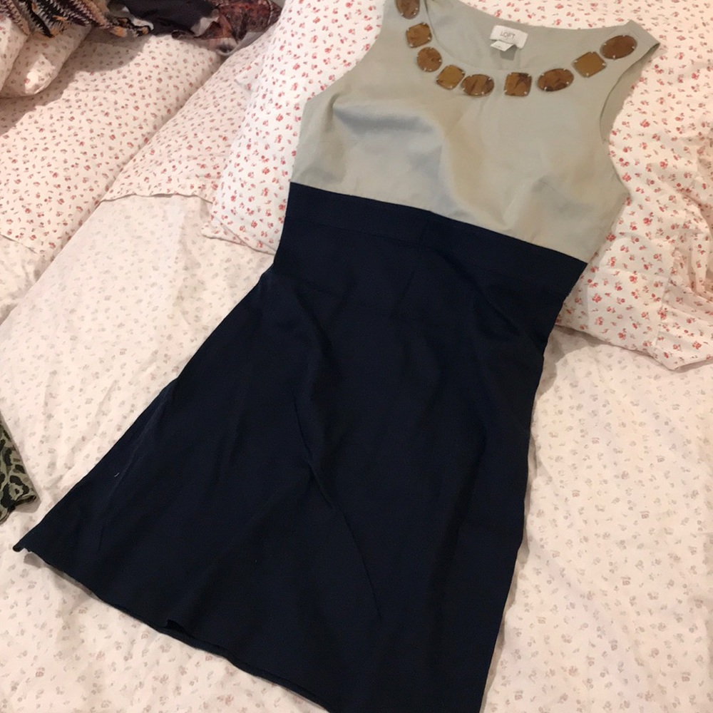Loft Cream and Navy Dress with Beads